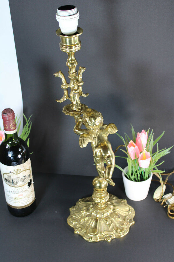 French Vintage 1960 Bronze putti cherub phoenix bird table lamp