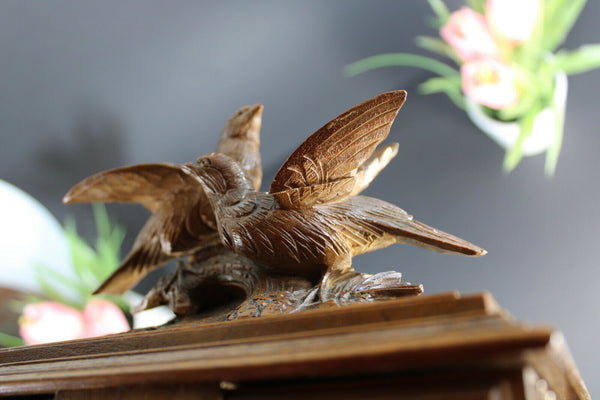 Antique Black forest wood carved trinket jewelry box birds rare