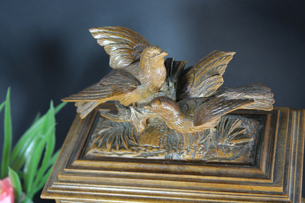 Antique Black forest wood carved trinket jewelry box birds rare