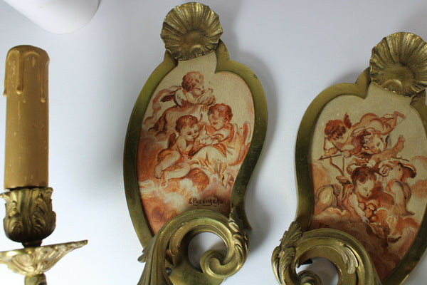 PAIR antique French paint putti cherub on panel wall lights sconces