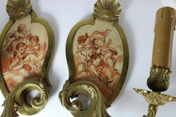 PAIR antique French paint putti cherub on panel wall lights sconces