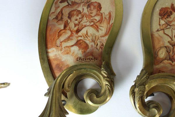 PAIR antique French paint putti cherub on panel wall lights sconces