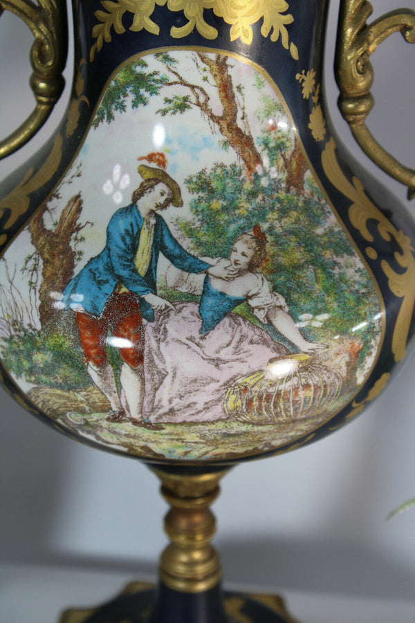 Vintage french limoges cobalt porcelain vase marked romantic scene