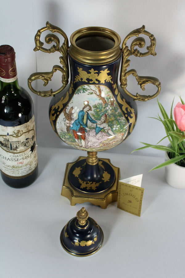 Vintage french limoges cobalt porcelain vase marked romantic scene