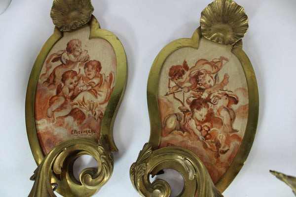 PAIR antique French paint putti cherub on panel wall lights sconces