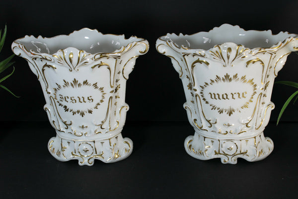 PAIR antique french vieux paris porcelain jesus marie text religious vases