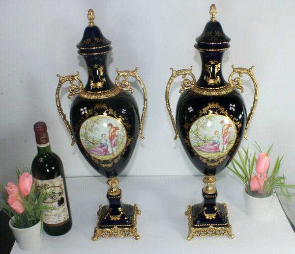 PAIR LArge vintage french Limoges porcelain Cobalt blue vases