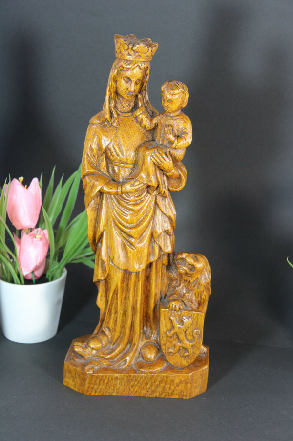 Antique Belgian wood carved Mary of FLanders symbol lion statue madonna