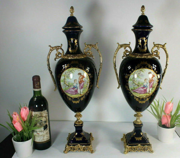 PAIR LArge vintage french Limoges porcelain Cobalt blue vases