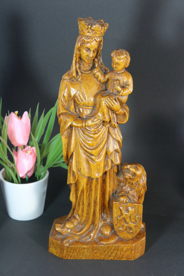 Antique Belgian wood carved Mary of FLanders symbol lion statue madonna