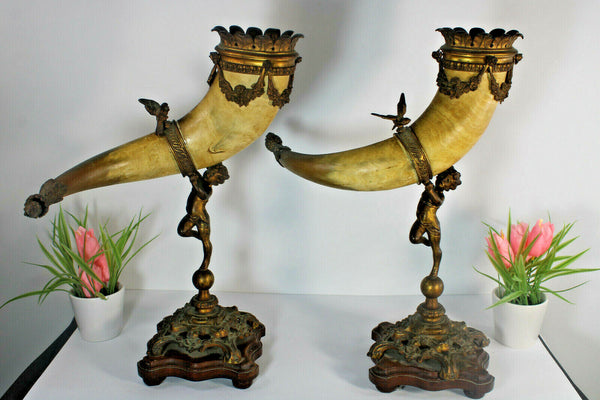 Antique pair 19thc Cornucopia horn bronze putti cherub figural statue bird