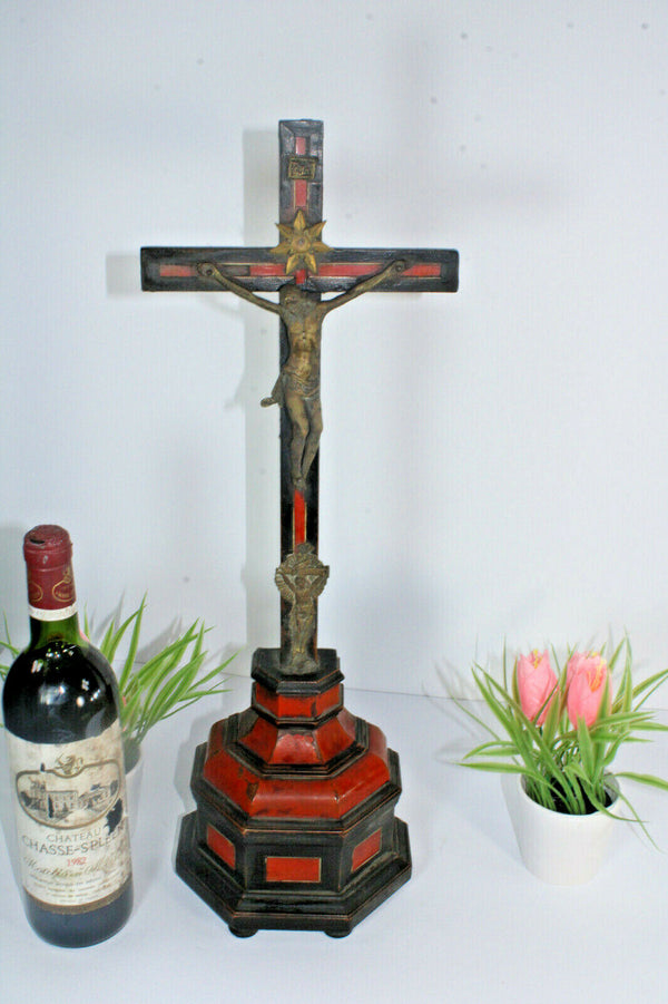 Antique 19thc inlaid wood Crucifix Christ religious french