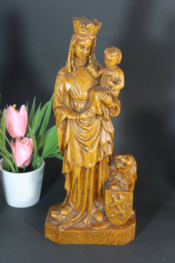 Antique Belgian wood carved Mary of FLanders symbol lion statue madonna