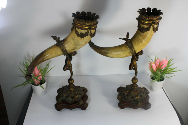 Antique pair 19thc Cornucopia horn bronze putti cherub figural statue bird