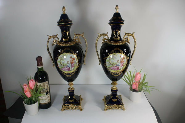 PAIR LArge vintage french Limoges porcelain Cobalt blue vases