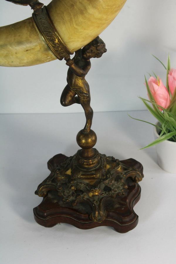 Antique pair 19thc Cornucopia horn bronze putti cherub figural statue bird