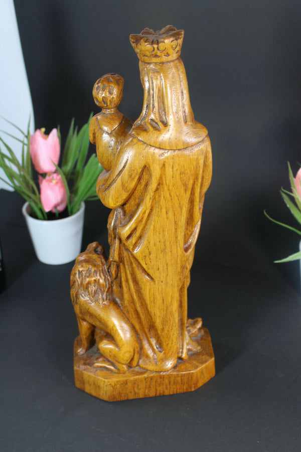 Antique Belgian wood carved Mary of FLanders symbol lion statue madonna