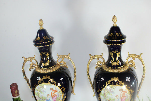 PAIR LArge vintage french Limoges porcelain Cobalt blue vases