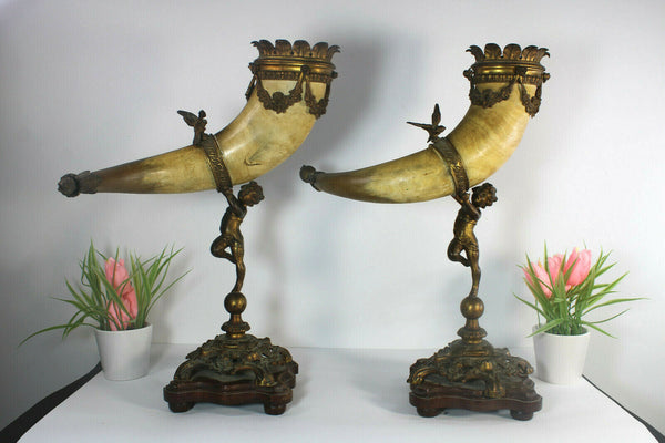 Antique pair 19thc Cornucopia horn bronze putti cherub figural statue bird