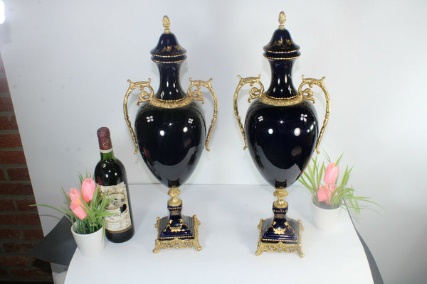 PAIR LArge vintage french Limoges porcelain Cobalt blue vases