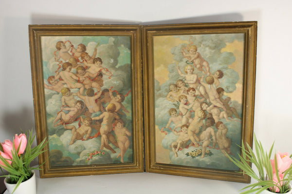 PAIR antique Flanders Edmond De meulenaere oil canvas painting cherub putti