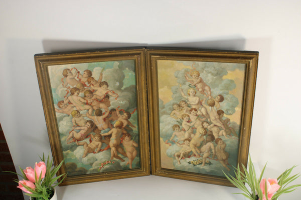 PAIR antique Flanders Edmond De meulenaere oil canvas painting cherub putti