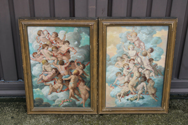 PAIR antique Flanders Edmond De meulenaere oil canvas painting cherub putti