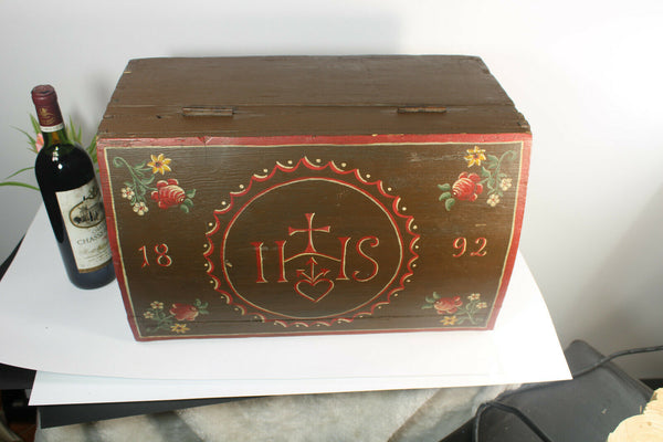 Rare Antique Artisan religious Wood carved hand paint box dated 1892