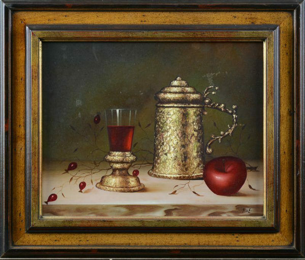 Vintage flanders school Still life oil panel painting Wine