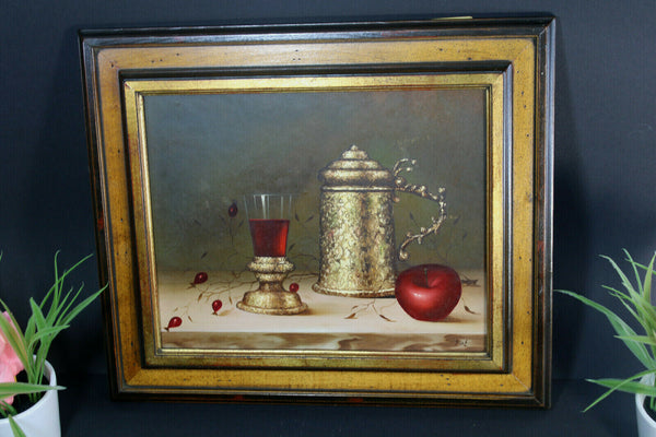 Vintage flanders school Still life oil panel painting Wine