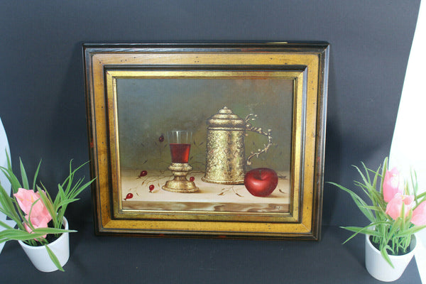 Vintage flanders school Still life oil panel painting Wine