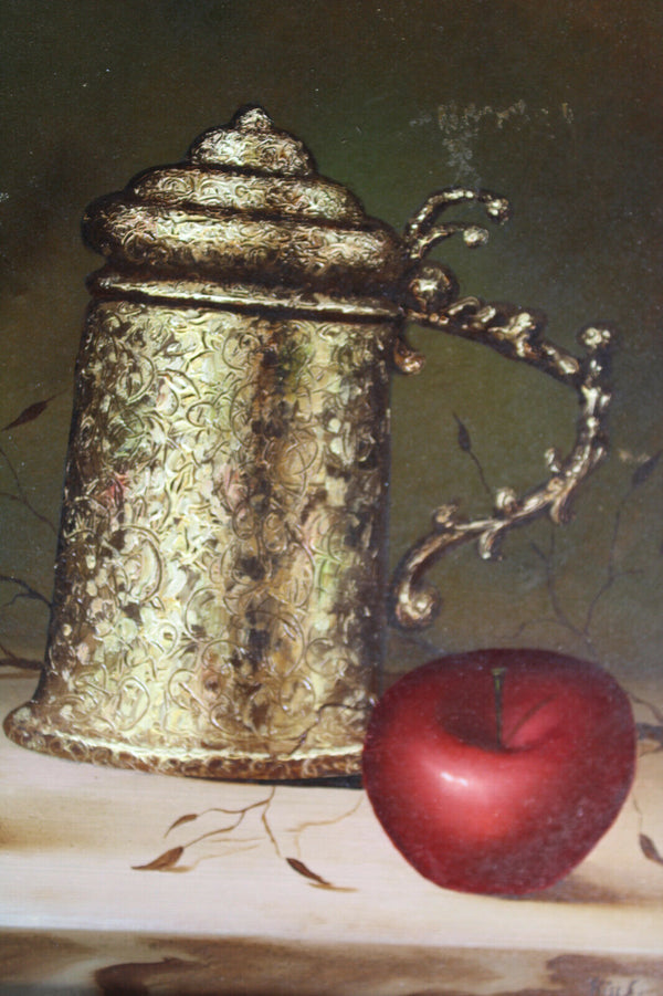 Vintage flanders school Still life oil panel painting Wine