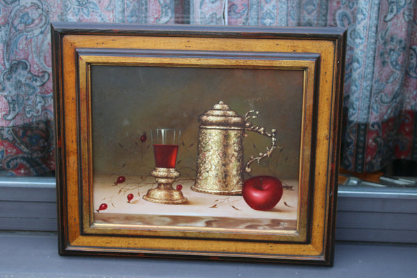 Vintage flanders school Still life oil panel painting Wine