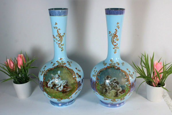 PAIR Antique French opaline glass hand paint cherub putti scene Vases rare