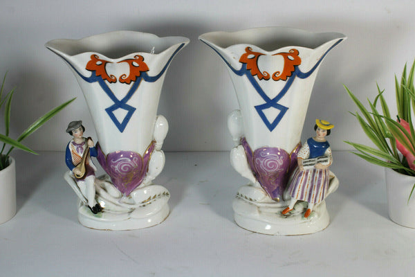 PAIR antique french 19thc vieux paris porcelain Vases figurine romantic