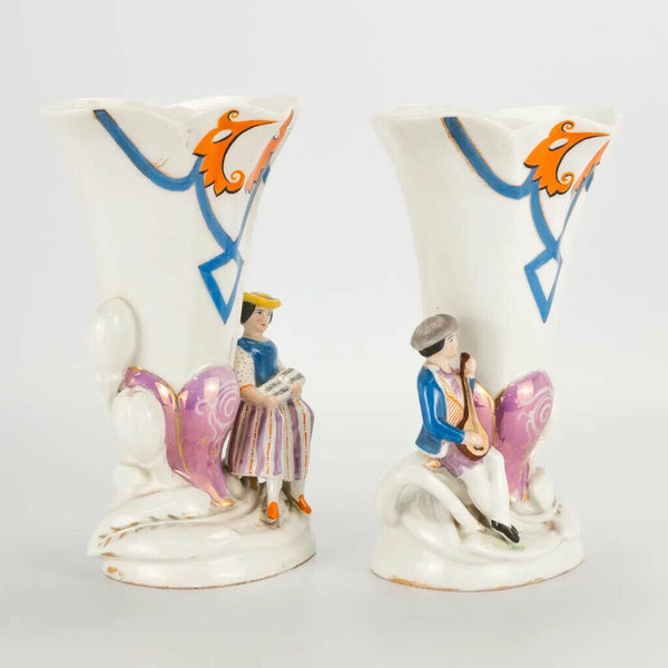 PAIR antique french 19thc vieux paris porcelain Vases figurine romantic