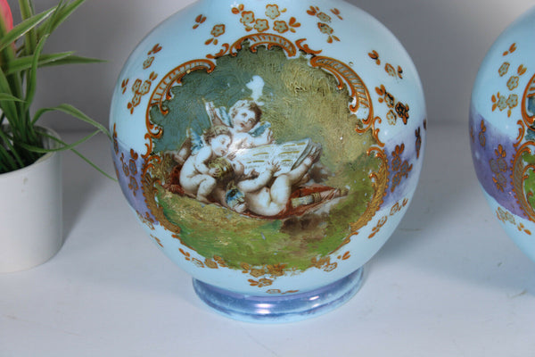 PAIR Antique French opaline glass hand paint cherub putti scene Vases rare