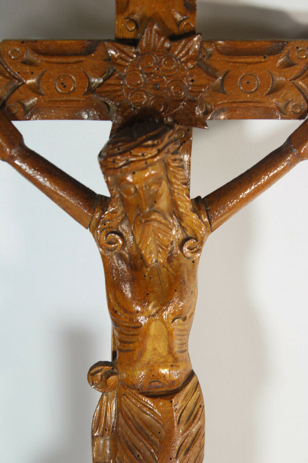 Antique French wood carved crucifix cross religious