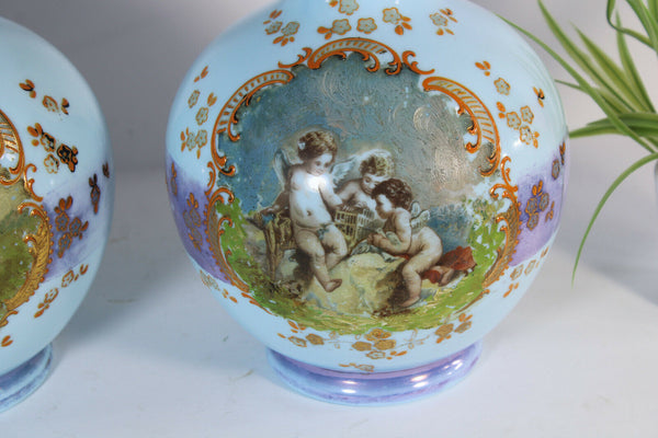 PAIR Antique French opaline glass hand paint cherub putti scene Vases rare