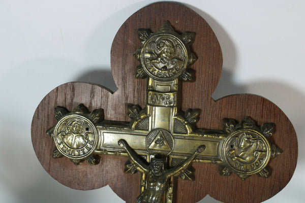 Antique French Bronze Crucifix wood plaque 4 evangelists religious rare