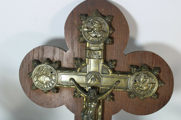 Antique French Bronze Crucifix wood plaque 4 evangelists religious rare