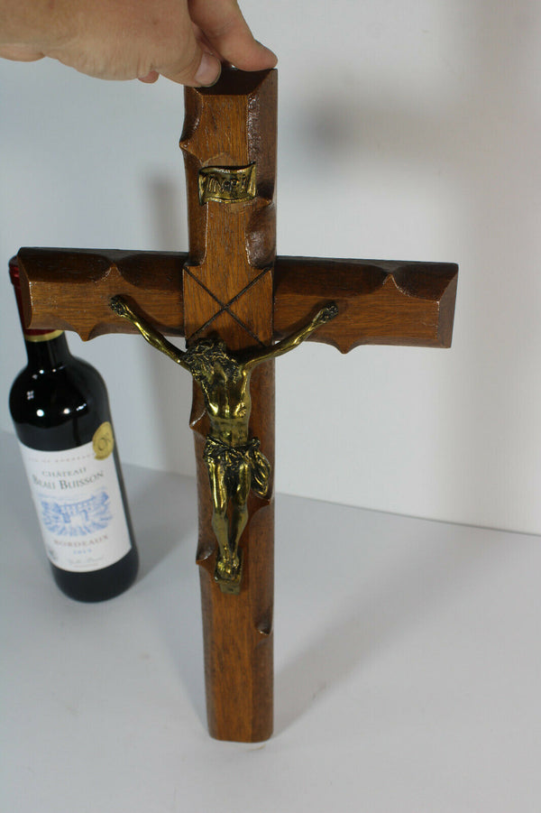 Antique french wood carved metal crucifix