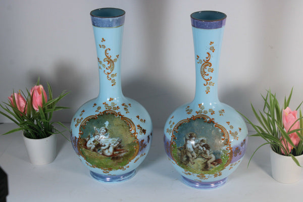 PAIR Antique French opaline glass hand paint cherub putti scene Vases rare