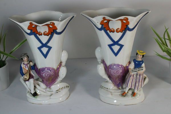 PAIR antique french 19thc vieux paris porcelain Vases figurine romantic