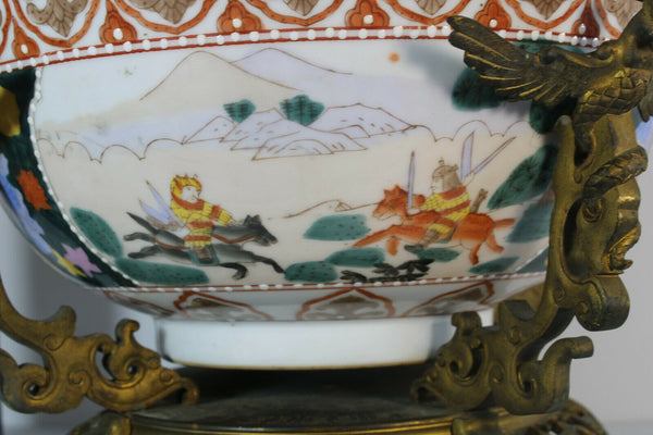 XL Antique japanese porcelain warrior bronze Dragon frame centerpiece bowl