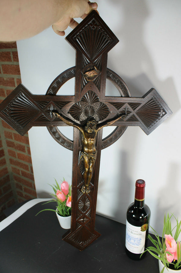 XL french wood carved Crucifix cross religious