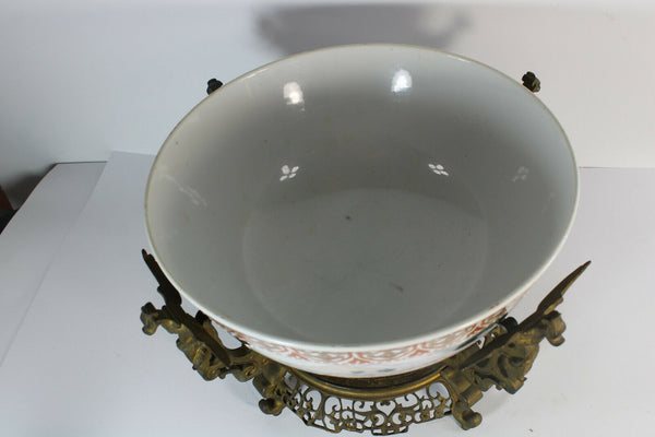 XL Antique japanese porcelain warrior bronze Dragon frame centerpiece bowl