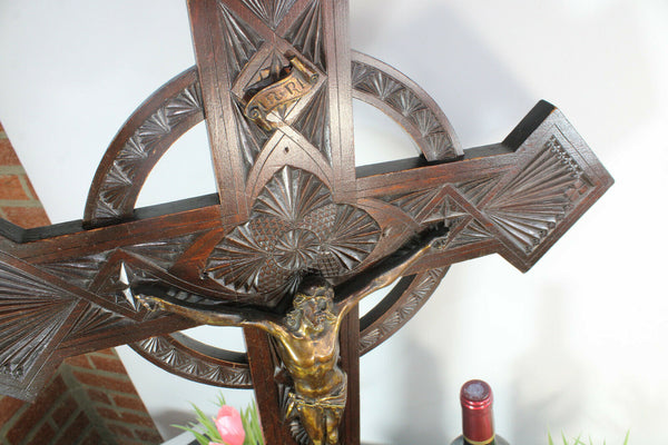 XL french wood carved Crucifix cross religious