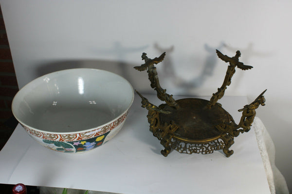 XL Antique japanese porcelain warrior bronze Dragon frame centerpiece bowl