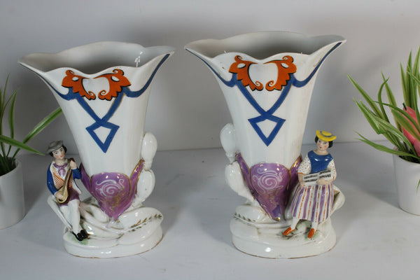 PAIR antique french 19thc vieux paris porcelain Vases figurine romantic